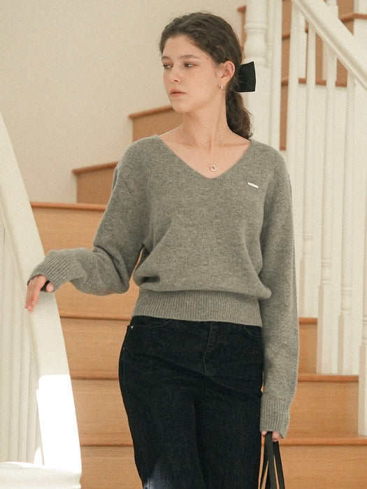 [TILLIDIE] Till logo v-neck wool knit_Gray