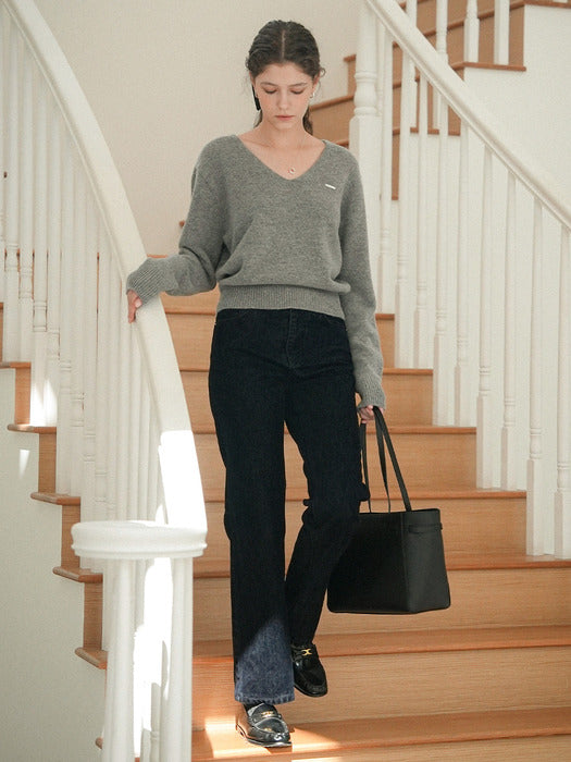 [TILLIDIE] Till logo v-neck wool knit_Gray