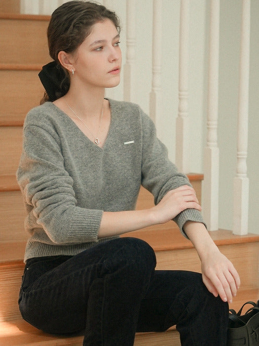 [TILLIDIE] Till logo v-neck wool knit_Gray