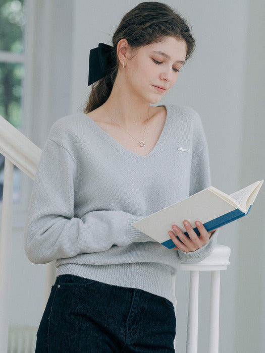 [TILLIDIE] Till logo v-neck wool knit_Sky blue