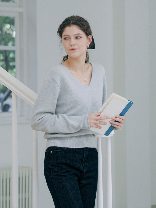 [TILLIDIE] Till logo v-neck wool knit_Sky blue