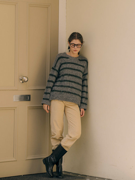 [TILLIDIE] Hairy striped loose fit knit_Gray