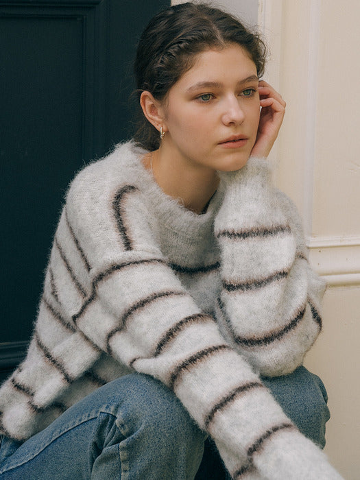 [TILLIDIE] Hairy striped loose fit knit_Light Gray