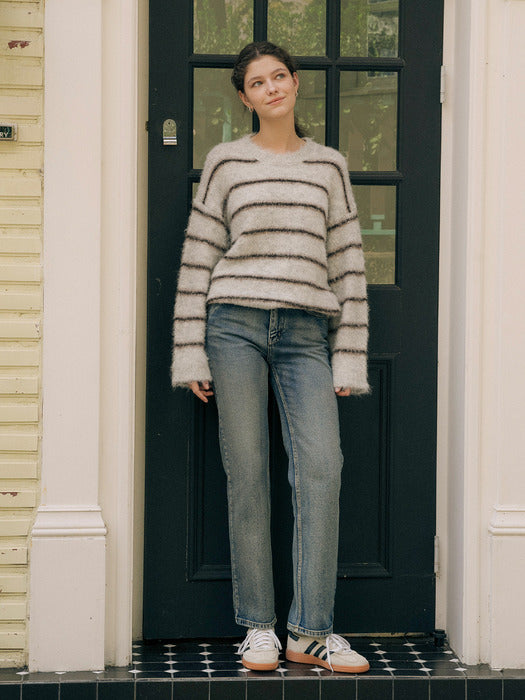[TILLIDIE] Hairy striped loose fit knit_Light Gray