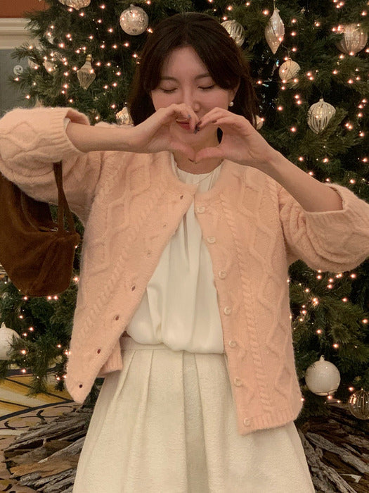 [TILLIDIE] Cozy soft cable cardigan_Pink