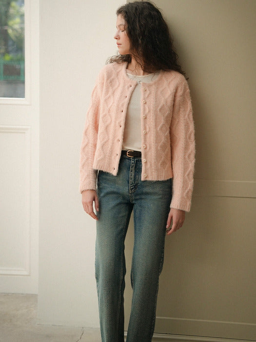 [TILLIDIE] Cozy soft cable cardigan_Pink