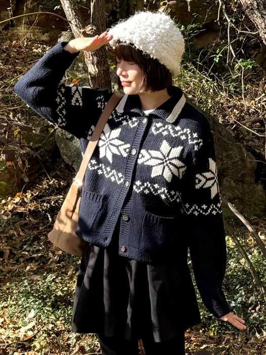 [TILLIDIE] Snowflake collar wool mixed cardigan_Navy