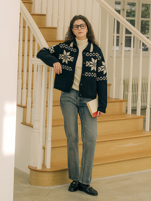 [TILLIDIE] Snowflake collar wool mixed cardigan_Navy