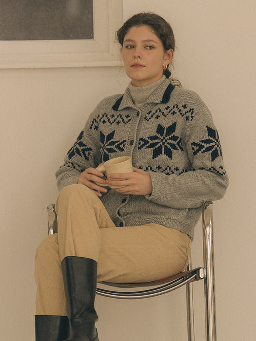 [TILLIDIE] Snowflake collar wool mixed cardigan_Gray