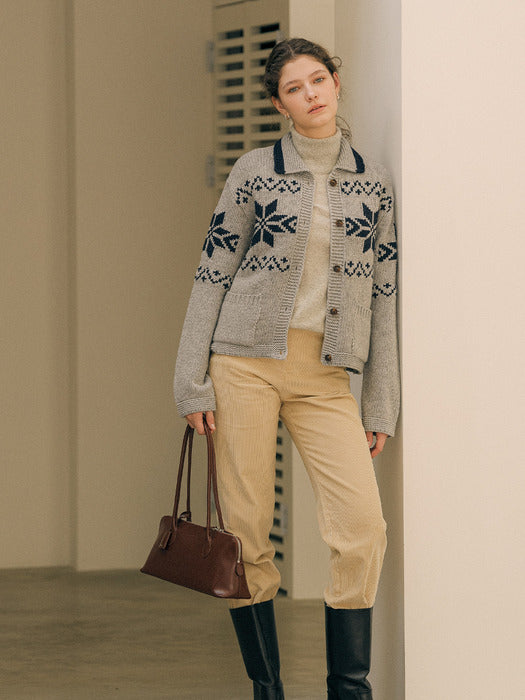[TILLIDIE] Snowflake collar wool mixed cardigan_Gray
