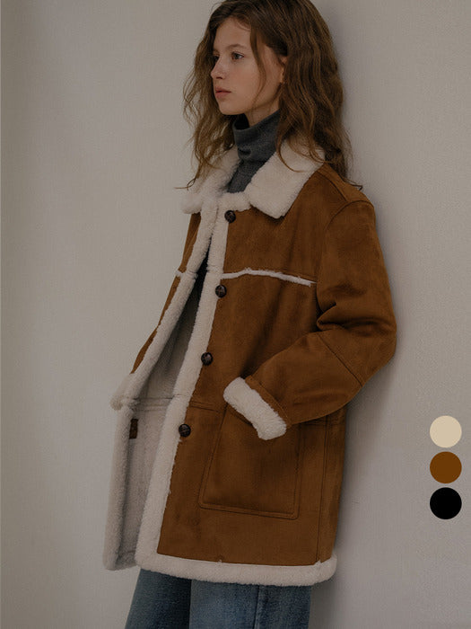 [TILLIDIE] Wool shearing collar suede mustang coat_Brown