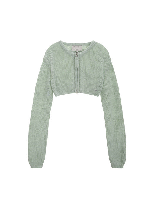 ROUND NECK CROP ZIP UP CARDIGAN IN LIGHT GREEN