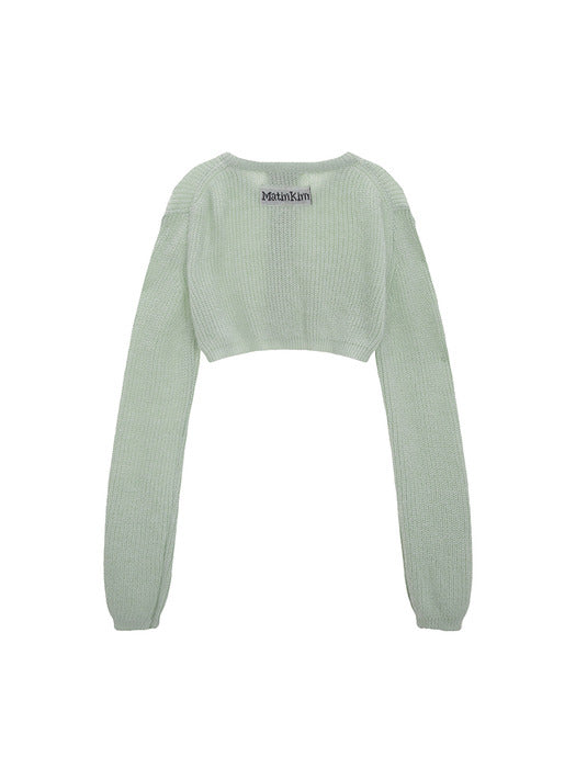 ROUND NECK CROP ZIP UP CARDIGAN IN LIGHT GREEN