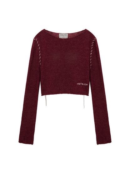 SLIMFIT SEE THROUGH STITCH KNIT TOP IN BURGUNDY
