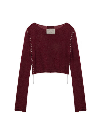 SLIMFIT SEE THROUGH STITCH KNIT TOP IN BURGUNDY