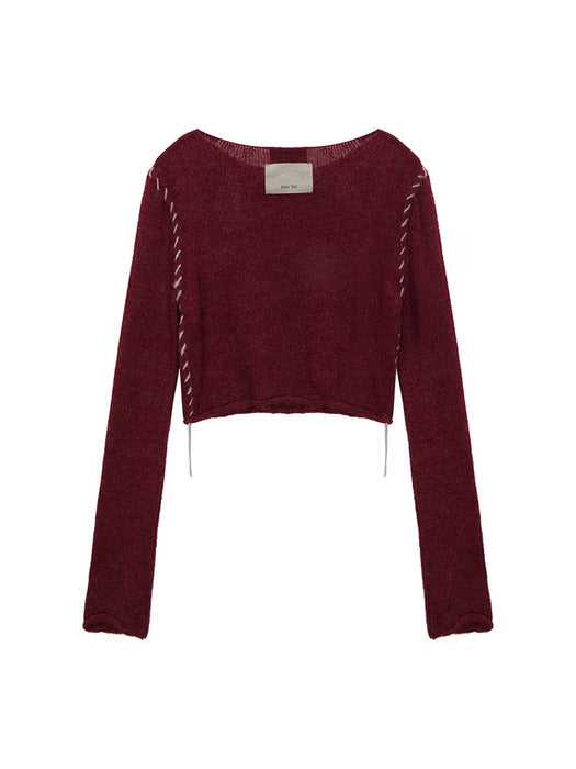 SLIMFIT SEE THROUGH STITCH KNIT TOP IN BURGUNDY