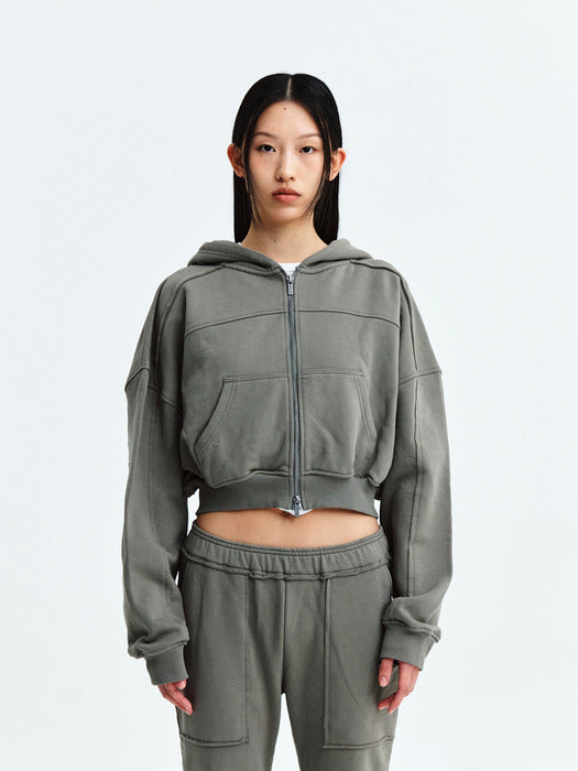 CUT OUT DETAIL CROP HOODY ZIP UP IN KHAKI GREY