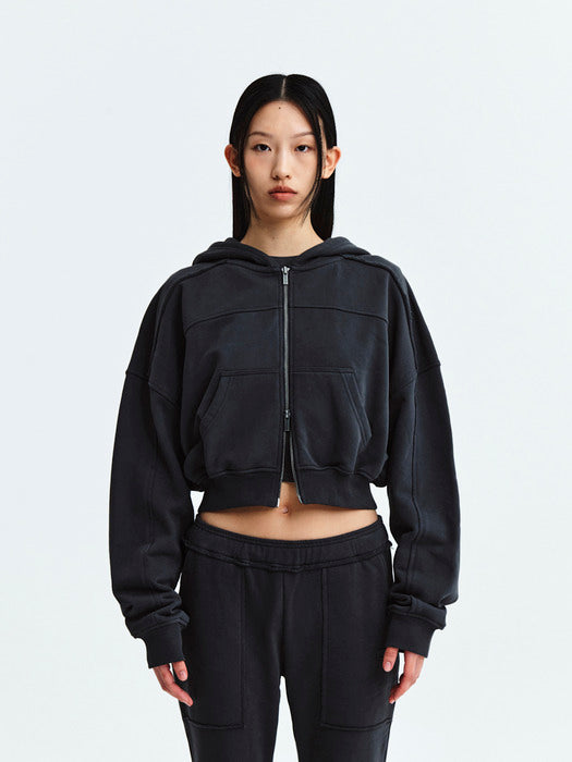CUT OUT DETAIL CROP HOODY ZIP UP IN CHARCOAL