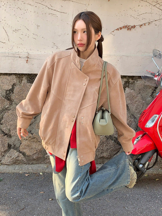 Loeuvre Asymmetric Placket Faux Suede Jacket