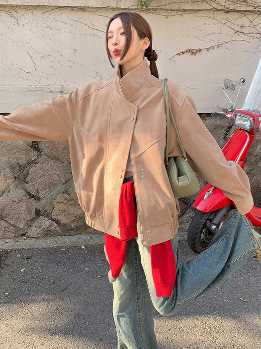Loeuvre Asymmetric Placket Faux Suede Jacket