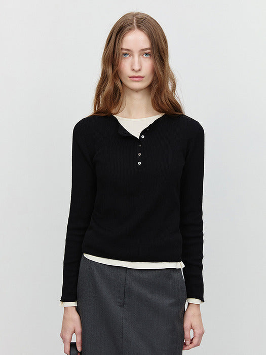 [dunst] BUTTONED ROUND-NECK KNIT TOP BLACK_UDSW5A205BK