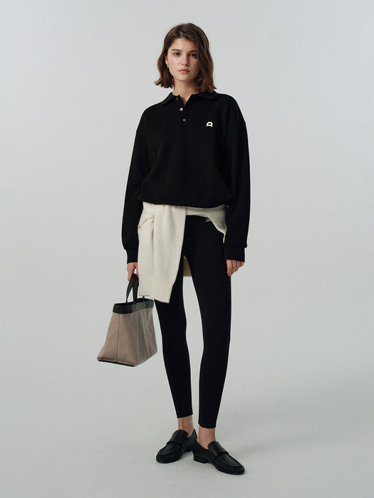 [dunst] UNISEX LEATHER LOGO COLLARED T-SHIRT BLACK_UDTS6A110BK