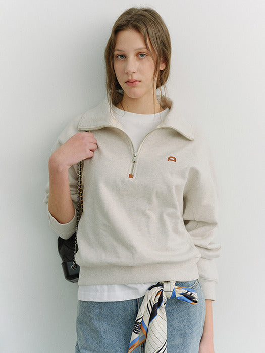 Dunst Unisex Leather Logo Half Zip-UP Sweatshirt Oatmeal Melange