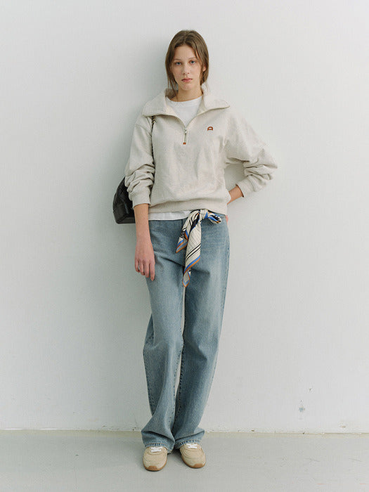 Dunst Unisex Leather Logo Half Zip-UP Sweatshirt Oatmeal Melange