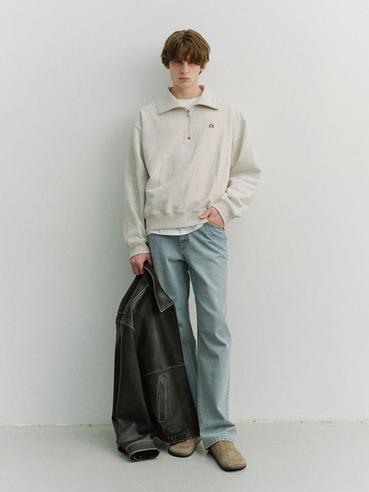 Dunst Unisex Leather Logo Half Zip-UP Sweatshirt Oatmeal Melange