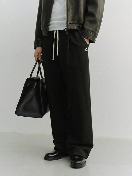 Dunst Unisex Leather Logo Wide Sweat Pants Black