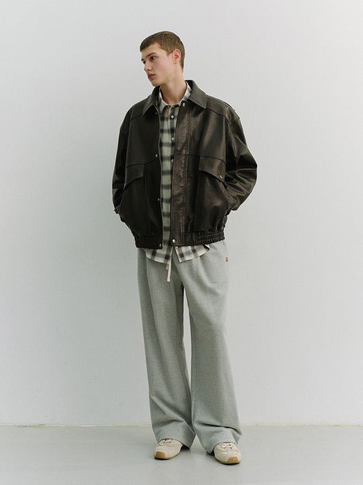 Dunst Unisex Leather Logo Wide Sweat Pants Melange Grey