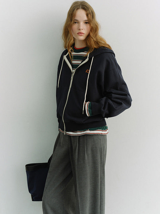 Dunst Unisex Leather Logo Zip-UP Hoodie French Navy