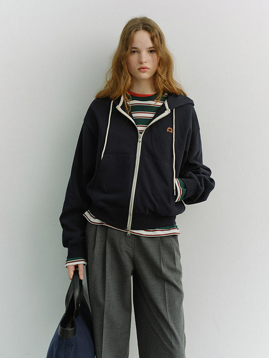 [dunst] Unisex Leather Logo Zip-UP Hoodie French NAVY_UDTS6A108N2