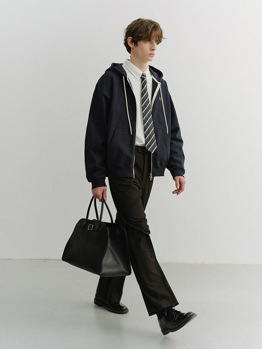 [dunst] Unisex Leather Logo Zip-UP Hoodie French NAVY_UDTS6A108N2