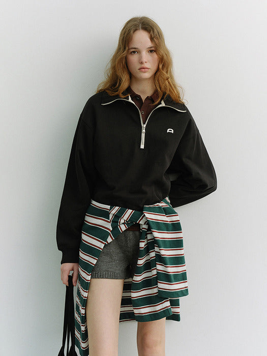 Dunst Unisex Leather Logo Half Zip-UP Sweatshirt Black