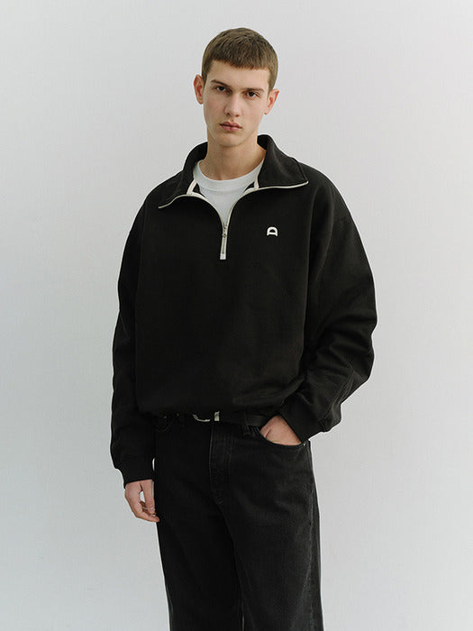 Dunst Unisex Leather Logo Half Zip-UP Sweatshirt Black