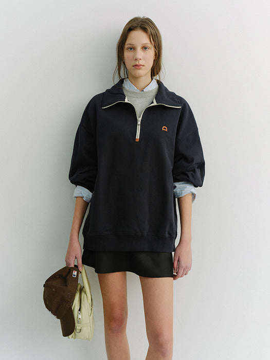 Dunst Unisex Leather Logo Half Zip-UP Sweatshirt French Navy