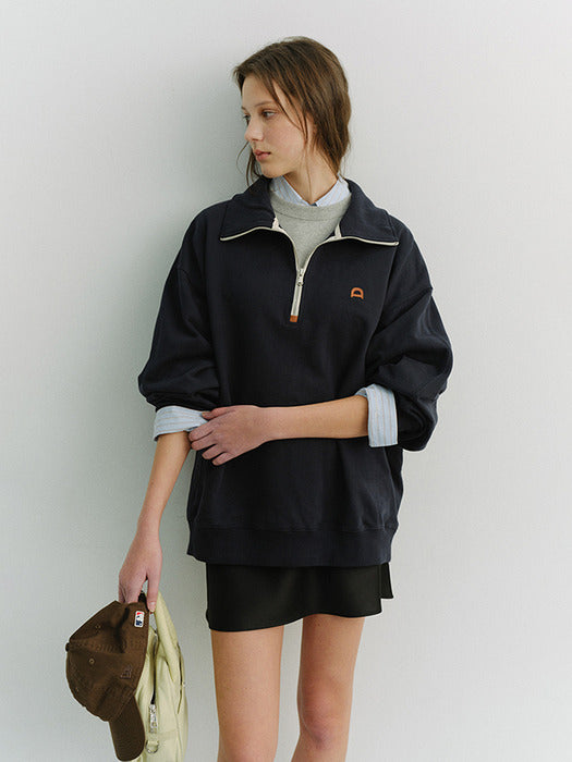 Dunst Unisex Leather Logo Half Zip-UP Sweatshirt French Navy