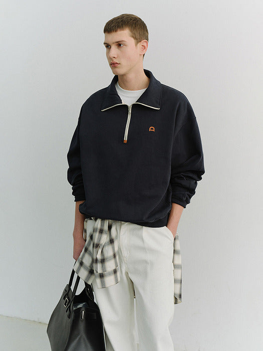 Dunst Unisex Leather Logo Half Zip-UP Sweatshirt French Navy