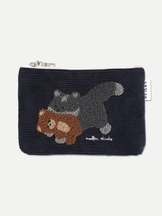 [ambler] Cat biting Little bear Corduroy Pouch AC601 (Navy)