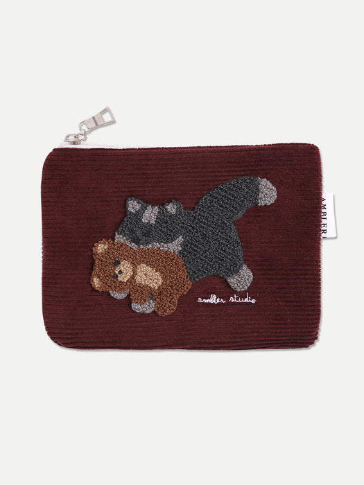 Ambler Cat biting Little bear Corduroy Pouch (Burgundy)