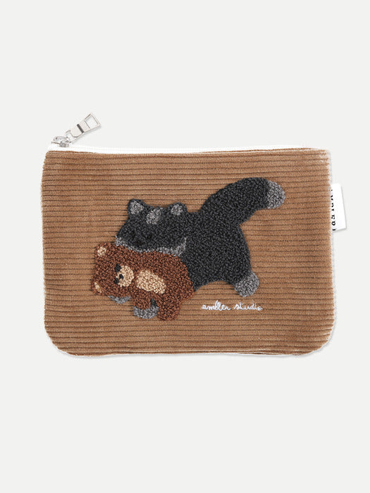 [ambler] Cat biting Little bear Corduroy Pouch AC601 (Beige)