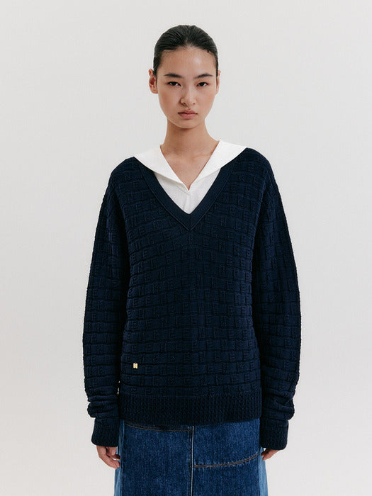 [EENK] Logo Jacquard Knit Pullover - Navy