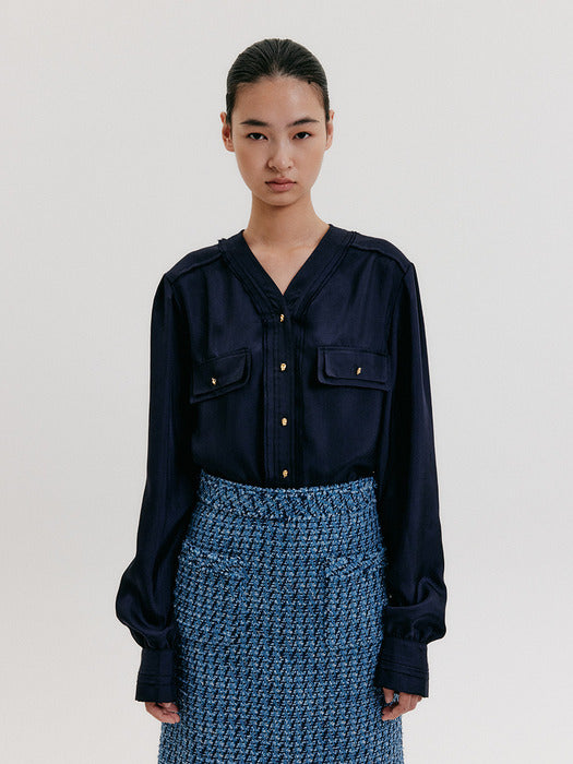 Eenk Oversized V-neck Blouse - Navy
