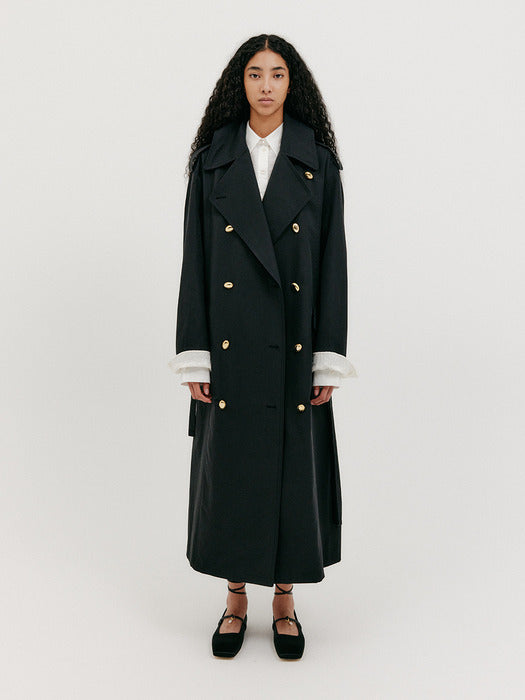 Eenk Oversized Trench Coat with Scarf - Black