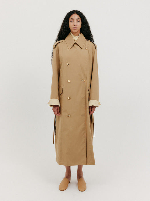 Eenk Oversized Trench Coat with Scarf - Beige