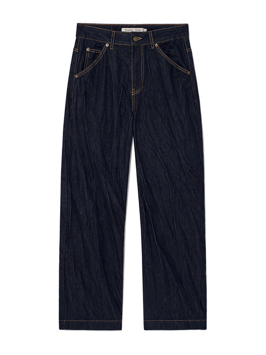 STITCH POINT CRINKLE DENIM PANTS IN DARK NAVY