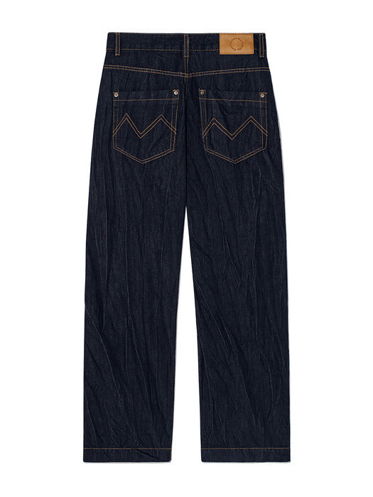 STITCH POINT CRINKLE DENIM PANTS IN DARK NAVY