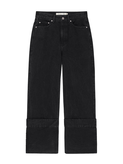 DAMAGE TURN UP DENIM PANTS IN BLACK