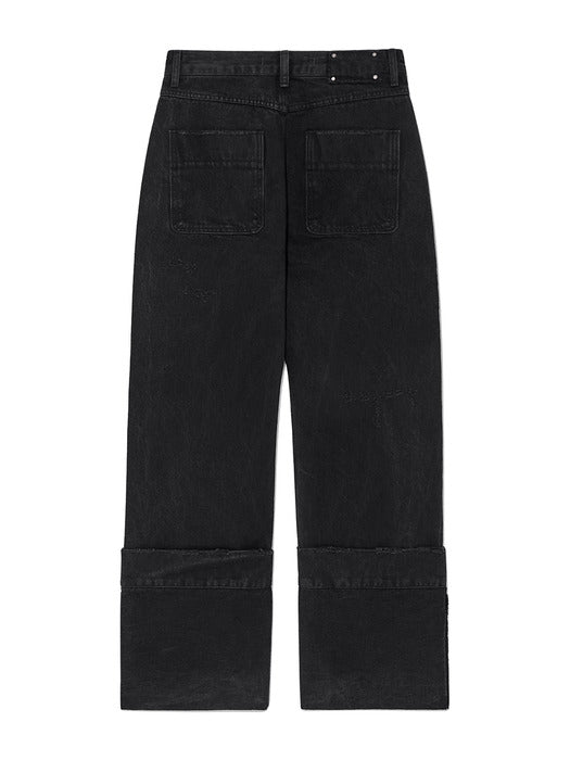 DAMAGE TURN UP DENIM PANTS IN BLACK